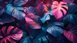 neon background with tropical leaves