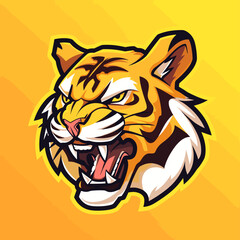 Wall Mural - Vector esports logotype cute cartoon tiger on yellow background, logo cute tiger, icon cute tiger, sticker cute tiger, symbol cute tiger, emblem cute tiger