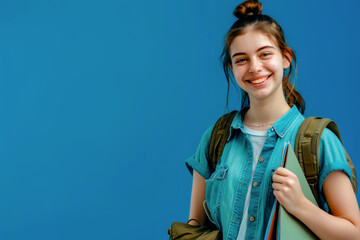 Wall Mural - Young girl holding backpack and smiling at the camera with blue background.