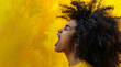 screaming black woman with yellow wall in the back