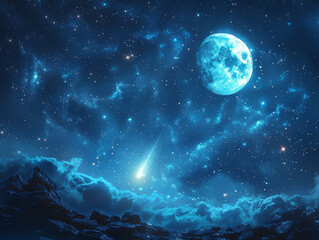 Wall Mural - Full Moon and Comet: Deep Sky Canvas Wonders