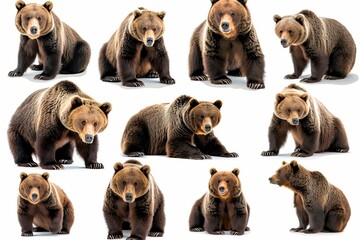 Panoramic banner of brown bears in various poses isolated on white, wildlife photography