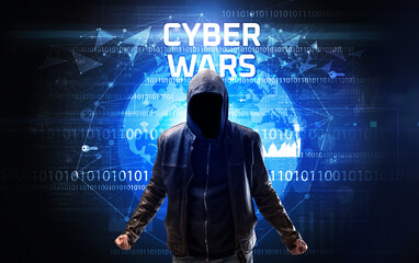 Poster - Faceless hacker at work, security concept