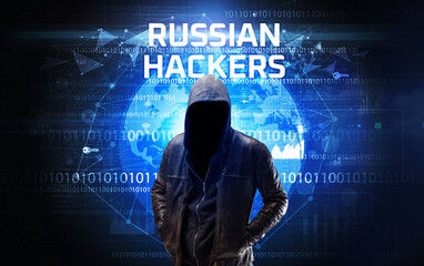 Poster - Faceless hacker at work, security concept