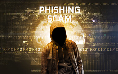 Poster - Faceless hacker at work, security concept