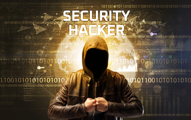 Poster - Faceless hacker at work, security concept