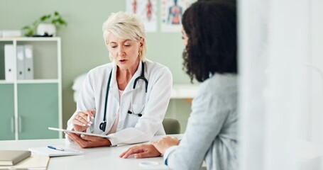 Wall Mural - Woman, doctor and consulting patient with tablet for prescription, diagnosis or results at clinic. Female person, cardiologist or medical worker talking to client with technology for consultation