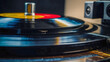 Vintage turntable with vinyl record, close-up