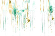 Turquoise and gold watercolor paint drip on transparent background.