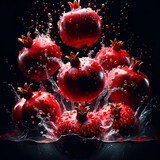 Fototapeta  - Visualize a scene where several ripe pomegranates, each glistening with water droplets, are captured in the act of falling into a deep