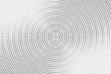  Radial halftone gradient background. Dotted concentric texture with fading effect. Black and white circle shade wallpaper. Grunge rough vector. Monochrome backdrop for various purpose.
