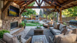 © baseer - A backyard retreat with a covered patio area that includes a cozy, outdoor living room setup complete with a weatherproof sofa set, a wall-mounted outdoor television,