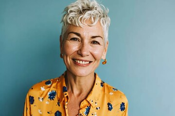 Wall Mural - Portrait of a smiling senior woman standing against blue wall in studio