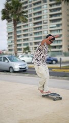 Wall Mural - handsome guy performs a stunt on skateboard in slow motion on the street