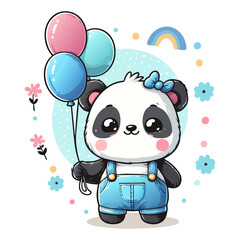  Cartoon panda in blue overalls and with blue bow on head holds colorful balloons in hand. Cute panda vector. Childish hand drawn illustration.