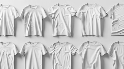 A collection of high-resolution plain t-shirt mockups, smoothly laid out with front and back views visible, against a pure white backdrop for graphic application. 32k, full ultra hd, high resolution