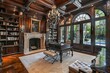 Luxurious home office room with wood paneling, fireplace, and chandelier. Classic old, newly renovated home office room.