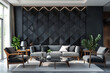 A high-definition image of a contemporary living room with a black geometric-patterned wall, serving as a sophisticated backdrop for mid-century modern furniture. 32k, full ultra hd, high resolution