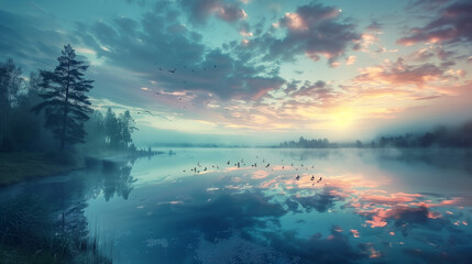 Wall Mural - Sunrise over lake