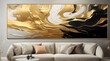 Luxurious abstract fluid art in gold and black tones as statement wall decor in a minimalist living room
