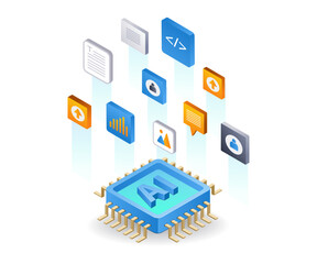 Poster - With artificial intelligence create an application, flat isometric 3d illustration
