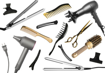 Wall Mural - Different hairdresser tools isolated on white, set