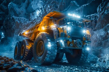 Majestic Illuminated Mining Truck in a Dark Underground Cave with Blue Crystal Formations