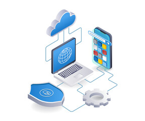 Aufkleber - Computer security data cloud server smartphone application, flat isometric 3d illustration