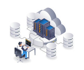 Aufkleber - Business cloud server management operator, flat isometric 3d illustration