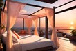 Tranquil escape: bedroom with canopy bed and ocean vista, Serene bedroom with a canopy bed by the sea, Luxurious canopy bed facing the ocean view.