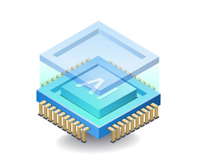 Poster - Artificial intelligence technology in chips concept, flat isometric 3d illustration