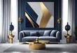 Luxurious living space with a bold artwork centerpiece, A stunning interior featuring a striking painting against blue and gold hues, A sophisticated blue and gold living room.