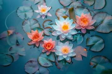 Wall Mural - Water lilies in water, pastel colors, flat lay