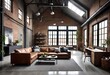Industrial living space featuring leather sofas and expansive windows, Sleek leather furnishings in an airy industrial setting, Spacious living room with leather furniture and natural light.