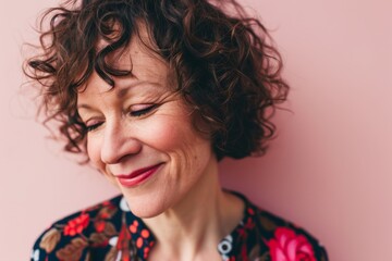 Wall Mural - Portrait of a happy senior woman with curly hair on a pink background