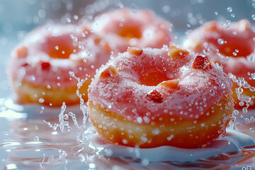 Wall Mural - Pink donut with icing and multicolored sprinkles on a background of splashes.