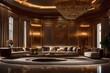 Glamorous living area adorned with chandelier and gold touches, Sophisticated lounge featuring sparkling chandelier and gilded elements, Opulent interior with stunning chandelier and golden details.