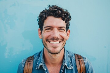 Wall Mural - Portrait of a smiling man with backpack standing against blue wall.