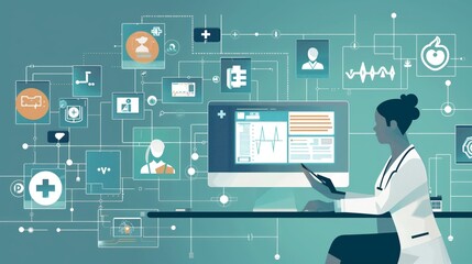 Digital Health Records Management, digital health records management with an image showing healthcare professionals accessing and updating electronic health records (EHR) using computer systems, AI.