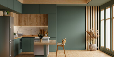 Wall Mural - Cozy modern kitchen room interior design with dark green wall