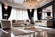Modern chic living room featuring a stylish chandelier, Sophisticated black and white décor with hanging light fixture, Elegant monochrome living room with chandelier.