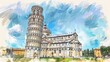© chayantorn - Leaning Tower of Pisa  Famous for its tilt, handdrawn illustration, dreamy background