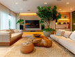 Árvore plantada em vaso moderno e estiloso dentro de casa, recebendo luz solar na sala de estar e em outros ambientes internos, adicionando um toque de natureza e elegância à decoração