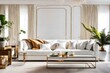 Sophisticated white divan adorned with stunning gold accents in a refined home setting, Stylish white sofa with glamorous gold décor in a chic lounge, Elegant white couch with golden accent pillows.