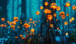 A fantasy forest is aglow with luminescent mushrooms, detailed figures, and a mix of dark cyan and orange.