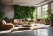 Indoor plants add a touch of nature to a stylish living space, Lush greenery decorates a modern living room interior, A cozy living room adorned with green plants on the wall.