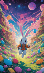 Wall Mural - graphic novel illustration, bunny, delivering Easter eggs