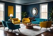 Cheerful yellow chairs stand out against the calming blue walls of a stylish living room, A vibrant living room featuring blue walls and yellow chairs, Bright blue walls contrast with sunny yellow cha