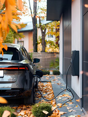 Electric vehicle EV car is being charged from a wallbox on a contemporary modern building house. Concept home charging for electric vehicles 