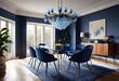 Chic dining room décor with blue chairs and overhead chandelier, Beautifully decorated dining space with blue seating and a glamorous chandelier, Modern dining area featuring blue chairs and a style.